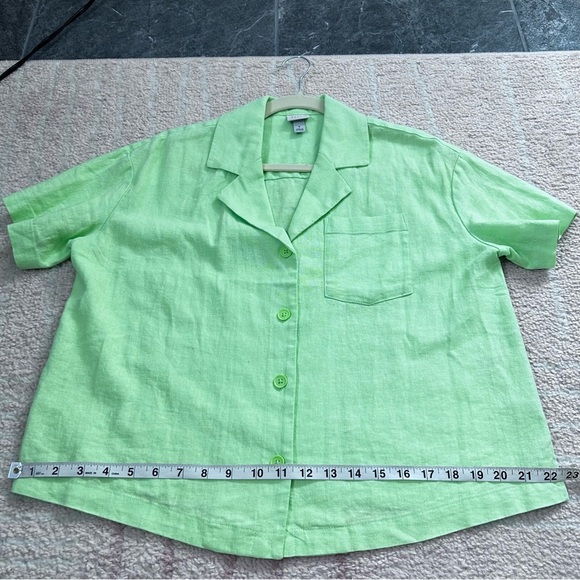 A New Day Linen Blend Lime Green Button Front Blouse Size Small Boxy Fit Cruise - Picture 7 of 11